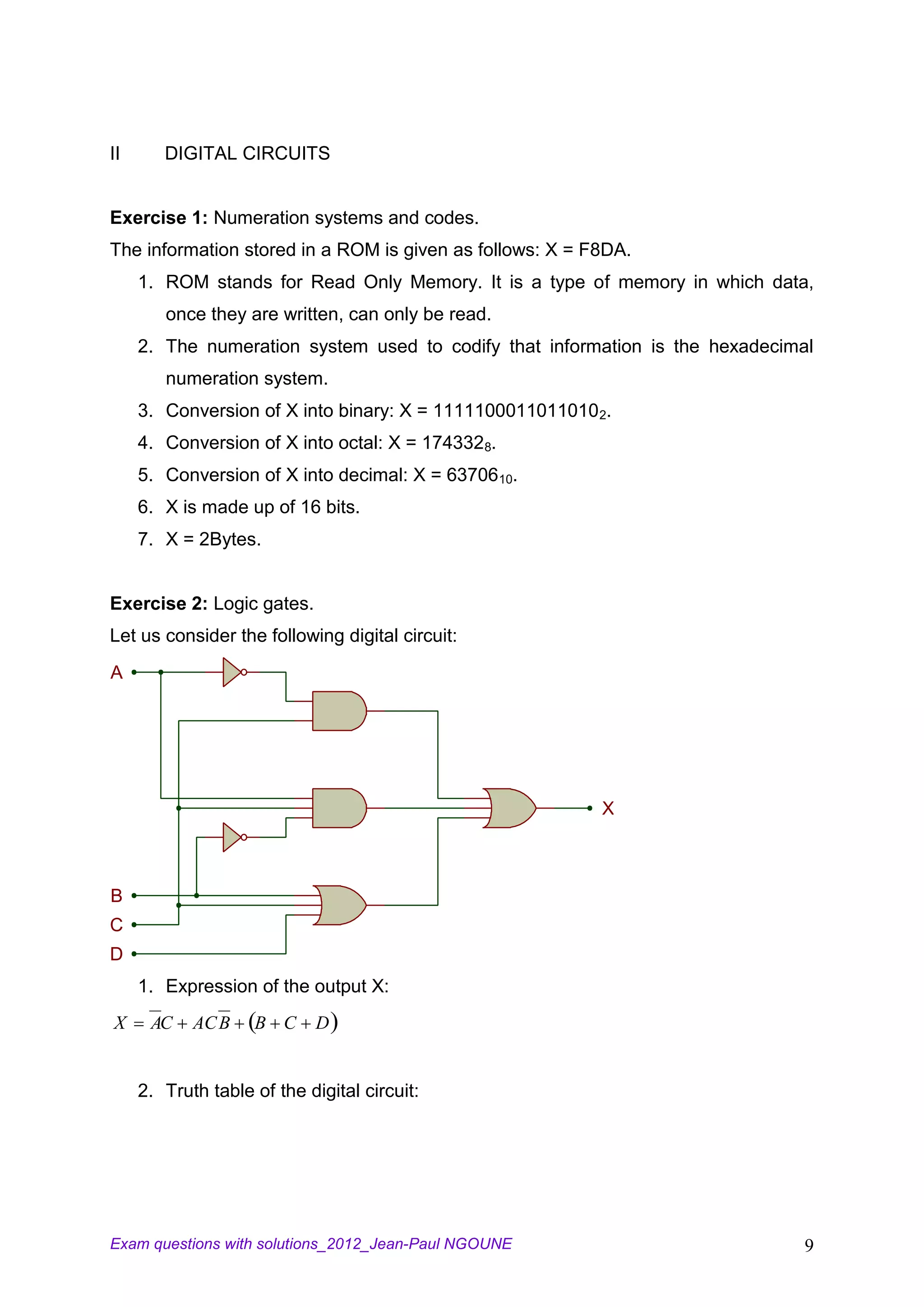 II      DIGITAL CIRCUITS


Exercise 1: Numeration systems and codes.
The information stored in a ROM is given as follows: X = F8DA.
     1. ROM stands for Read Only Memory. It is a type of memory in which data,
        once they are written, can only be read.
     2. The numeration system used to codify that information is the hexadecimal
        numeration system.
     3. Conversion of X into binary: X = 1111100011011010 2.
     4. Conversion of X into octal: X = 1743328.
     5. Conversion of X into decimal: X = 6370610.
     6. X is made up of 16 bits.
     7. X = 2Bytes.


Exercise 2: Logic gates.
Let us consider the following digital circuit:
A




                                                          X



B
C
D
     1. Expression of the output X:
X     AC    AC B    B C      D


     2. Truth table of the digital circuit:




Exam questions with solutions_2012_Jean-Paul NGOUNE                            9
 