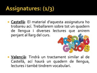    Castellà: El material d'aquesta assignatura ho
    trobareu ací. Treballarem sobre tot un quadern
    de llengua i diverses lectures que anirem
    penjant al llarg del curs.




   Valencià: Tindrà un tractament similar al de
    Castellà, ací haurà un quadern de llengua,
    lectures i també tindrem vocabulari.
 