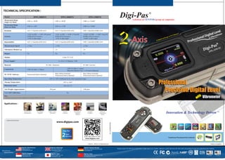 info@digipas.com
Digi-Pas® Singapore
JSB Tech Pte Ltd
info@digipasusa.com
Digi-Pas® USA (Americas)
DigiPas USA LLC
info@digipas.co.jp
Digi-Pas® Japan
JSB Tech Japan Co., Ltd
info@digipas.co.uk
Digi-Pas® UK (Europe)
Tarax Technology Ltd
info@digipaschina.com
Digi-Pas® China
Ventura Electronics (Suzhou) Co., Ltd
info@digipas.de
Digi-Pas® Germany (Europe)
Heckmann Präzisionstechnik GmbH
Precision Digital Level
Professional
Innovation & Technology Driven
Digi-Pas
Authorised Distributor:
JCL-2-03999-99-001
Applications :
CMM Levelling
(Metrology)
Research
Laboratory
Semiconductor
Production
Machines
CNC Machine
Alignment
Aerospace
& Defence
Railway &
Transportation
System
Biomedical &
Pharmaceutical
www.digipas.com
2Years
Warranty
Digi-Pas®
Model
Measurement Range
(Single Axis Mode)
0.00° to ± 90.00° 0.00° to ± 90.00° 0.000° to ± 20.000°
DWL3000XY DWL3500XY
DWL2000XY
Measurement Range
(Dual Axis Mode) 0.00° to ± 3.00° 0.00° to ± 15.00°
Resolution 0.01° (175µm/M) (0.002 in/Ft) 0.01° (175µm/M) (0.002 in/Ft) 0.001° (18µm/M) (0.0002 in/Ft)
0.000° to ± 10.000°
Accuracy
± 0.02° at 0.00° ~ ± 2.00° (349 µm/m)
(0.004 in/Ft) (72 arcsec.)
± 0.04° at other angles
± 0.01° at 0.00° ~ ± 10.00° (175µm/M)
(0.002 in/Ft) (36 arcsec.)
± 0.03° at other angles
± 0.001° at 0.000° ~ ± 2.000° (18µm/M)
(0.0002 in/Ft) (3.6 arcsec.)
± 0.003° at other angles
1.0 2.0
Colour TFT LCD
USB 2.0 Cable (≤ 5 metre)
Bluetooth Industrial Class 1 (≤30 metre) (Optional)
USB 2.0 Cable (≤ 5 Meter)
PC ABS / Aluminium PC ABS / Cast Iron
Professional Edition (Optional)
Basic Edition (Included)
Professional Edition (Optional)
Basic Edition (Included)
Professional Edition (Optional)
-10°C to +50°C (Calibrated for the entire temperature range)
580 gram
Repeatability
Vibrometer (Relative g)
Display
Power Supply*
Material
Connectivity
PC SYNC Software
Operating Temperature
Dimension (mm)
Nett Weight (Approximate)
User Self Calibration Yes
188 x 62 x 37
1100 gram
-
4 x AAA 1.5V Batteries / USB
Magnet
Note :
* Alternative device power can be obtained from External USB Power Source
Yes No
No
-20°C to +60°C
Storage Temperature
0.01° (175µm/M) (0.002 in/Ft) 0.01° (175µm/M) (0.002 in/Ft) 0.001° (18µm/M) (0.0002 in/Ft)
TECHNICAL SPECIFICATION :
Measurement Speed ≤ 3 Sec. ≤ 3 Sec. ≤ 5 Sec.
Products tested by TÜV SÜD, SGS accredited body to comply with CE, FCC & RoHS, calibrated to conform with UKAS, JIS, NIST & DIN, and manufactured under SGS certified ISO quality standards:
ISO 14001:2004
Cert No:SG04/00450
ISO 9001:2008
Cert No: SG00/000500
®
TM
Manufacturer
Representatives
© Digi-Pas , JSB Tech. All Rights Reserved. Product of Singapore
® Registered Design & PCT Patented
A division of VENTURA group of companies
Digi-Pas®
 