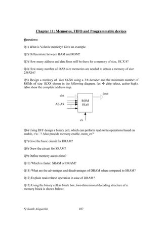 Srikanth Alaparthi 107
Chapter 11: Memories, FIFO and Programmable devices
Questions:
Q1) What is Volatile memory? Give an example.
Q2) Differentiate between RAM and ROM?
Q3) How many address and data lines will be there for a memory of size, 1K X 8?
Q4) How many number of 16X8 size memories are needed to obtain a memory of size
256X16?
Q5) Design a memory of size 8KX8 using a 3:8 decoder and the minimum number of
ROMs of size 1KX8 shown in the following diagram. (cs chip select, active high).
Also show the complete address map.
A0-A9
din
dout
cs
ROM
1Kx8
Q6) Using DFF design a binary cell, which can perform read/write operations based on
enable, r/w? Also provide memory enable, mem_en?
Q7) Give the basic circuit for DRAM?
Q8) Draw the circuit for SRAM?
Q9) Define memory access time?
Q10) Which is faster: SRAM or DRAM?
Q11) What are the advantages and disadvantages of DRAM when compared to SRAM?
Q12) Explain read-refresh operation in case of DRAM?
Q13) Using the binary cell as block box, two-dimensional decoding structure of a
memory block is shown below:
 