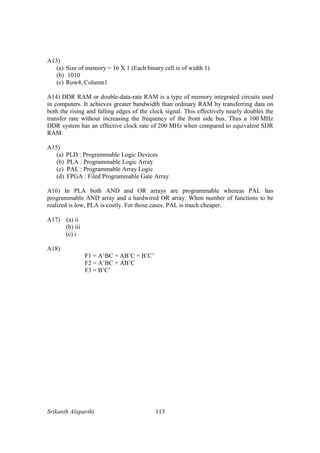 Srikanth Alaparthi 113
A13)
(a) Size of memory = 16 X 1 (Each binary cell is of width 1)
(b) 1010
(c) Row4, Column1
A14) DDR RAM or double-data-rate RAM is a type of memory integrated circuits used
in computers. It achieves greater bandwidth than ordinary RAM by transferring data on
both the rising and falling edges of the clock signal. This effectively nearly doubles the
transfer rate without increasing the frequency of the front side bus. Thus a 100 MHz
DDR system has an effective clock rate of 200 MHz when compared to equivalent SDR
RAM.
A15)
(a) PLD : Programmable Logic Devices
(b) PLA : Programmable Logic Array
(c) PAL : Programmable Array Logic
(d) FPGA : Filed Programmable Gate Array
A16) In PLA both AND and OR arrays are programmable whereas PAL has
programmable AND array and a hardwired OR array. When number of functions to be
realized is low, PLA is costly. For those cases, PAL is much cheaper.
A17) (a) ii
(b) iii
(c) i
A18)
F1 = A’BC + AB’C + B’C’
F2 = A’BC + AB’C
F3 = B’C’
 