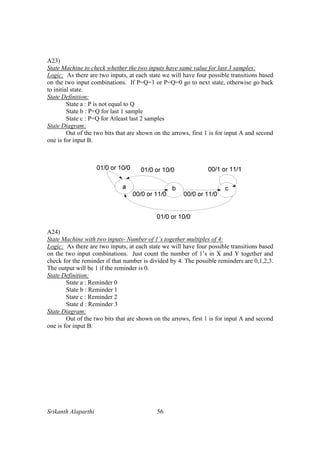 Srikanth Alaparthi 56
A23)
State Machine to check whether the two inputs have same value for last 3 samples:
Logic: As there are two inputs, at each state we will have four possible transitions based
on the two input combinations. If P=Q=1 or P=Q=0 go to next state, otherwise go back
to initial state.
State Definition:
State a : P is not equal to Q
State b : P=Q for last 1 sample
State c : P=Q for Atleast last 2 samples
State Diagram:
Out of the two bits that are shown on the arrows, first 1 is for input A and second
one is for input B.
A24)
State Machine with two inputs- Number of 1’s together multiples of 4:
Logic: As there are two inputs, at each state we will have four possible transitions based
on the two input combinations. Just count the number of 1’s in X and Y together and
check for the reminder if that number is divided by 4. The possible reminders are 0,1,2,3.
The output will be 1 if the reminder is 0.
State Definition:
State a : Reminder 0
State b : Reminder 1
State c : Reminder 2
State d : Reminder 3
State Diagram:
Out of the two bits that are shown on the arrows, first 1 is for input A and second
one is for input B.
 