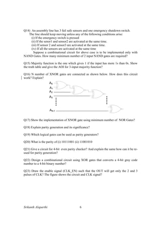 Srikanth Alaparthi 6
Q14) An assembly line has 3 fail safe sensors and one emergency shutdown switch.
The line should keep moving unless any of the following conditions arise:
(i) If the emergency switch is pressed
(ii) If the senor1 and sensor2 are activated at the same time.
(iii) If sensor 2 and sensor3 are activated at the same time.
(iv) If all the sensors are activated at the same time
Suppose a combinational circuit for above case is to be implemented only with
NAND Gates. How many minimum number of 2 input NAND gates are required?
Q15) Majority function is the one which gives 1 if the input has more 1s than 0s. Show
the truth table and give the AOI for 3-input majority function?
Q16) N number of XNOR gates are connected as shown below. How does this circuit
work? Explain?
Q17) Show the implementation of XNOR gate using minimum number of NOR Gates?
Q18) Explain parity generation and its significance?
Q19) Which logical gates can be used as parity generators?
Q20) What is the parity of (i) 10111001 (ii) 11001010
Q21) Give a circuit for 4-bit even parity checker? And explain the same how can it be re-
used for parity generation?
Q22) Design a combinational circuit using XOR gates that converts a 4-bit gray code
number to a 4-bit binary number?
Q23) Draw the enable signal (CLK_EN) such that the OUT will get only the 2 and 3
pulses of CLK? The figure shows the circuit and CLK signal?
 