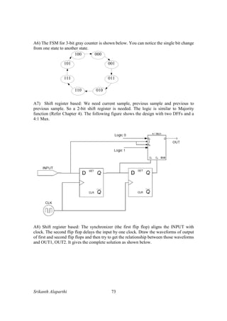 Srikanth Alaparthi 73
A6) The FSM for 3-bit gray counter is shown below. You can notice the single bit change
from one state to another state.
A7) Shift register based: We need current sample, previous sample and previous to
previous sample. So a 2-bit shift register is needed. The logic is similar to Majority
function (Refer Chapter 4). The following figure shows the design with two DFFs and a
4:1 Mux.
A8) Shift register based: The synchronizer (the first flip flop) aligns the INPUT with
clock. The second flip flop delays the input by one clock. Draw the waveforms of output
of first and second flip flops and then try to get the relationship between those waveforms
and OUT1, OUT2. It gives the complete solution as shown below.
 