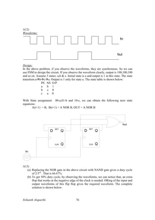 Srikanth Alaparthi 76
A12)
Waveforms:
Design:
In the above problem, if you observe the waveforms, they are synchronous. So we can
use FSM to design the circuit. If you observe the waveform clearly, output is 100,100,100
and so on. Assume 3 states: a,b & c. Initial state is a and output is 1 in this state. The state
transition a b c a. Output is 1 only for state a. The state table is shown below:
PS NS O/P
a b 1
b c 0
c a 0
With State assignment: 00-a,01-b and 10-c, we can obtain the following next state
equations:
A(t+1) = B, B(t+1) = A NOR B, OUT = A NOR B
A13)
(a) Replacing the NOR gate in the above circuit with NAND gate gives a duty cycle
of 2/3rd
. That is 66.67%.
(b) To get 50% duty cycle, by observing the waveforms, we can notice that, an extra
flop that works at the negative edge of the clock is needed. ORing of the input and
output waveforms of this flip flop gives the required waveform. The complete
solution is shown below:
 