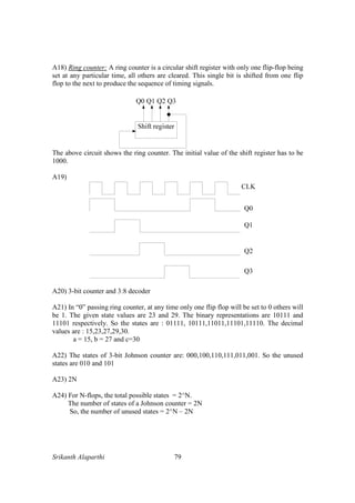 Srikanth Alaparthi 79
A18) Ring counter: A ring counter is a circular shift register with only one flip-flop being
set at any particular time, all others are cleared. This single bit is shifted from one flip
flop to the next to produce the sequence of timing signals.
The above circuit shows the ring counter. The initial value of the shift register has to be
1000.
A19)
A20) 3-bit counter and 3:8 decoder
A21) In “0” passing ring counter, at any time only one flip flop will be set to 0 others will
be 1. The given state values are 23 and 29. The binary representations are 10111 and
11101 respectively. So the states are : 01111, 10111,11011,11101,11110. The decimal
values are : 15,23,27,29,30.
a = 15, b = 27 and c=30
A22) The states of 3-bit Johnson counter are: 000,100,110,111,011,001. So the unused
states are 010 and 101
A23) 2N
A24) For N-flops, the total possible states = 2^N.
The number of states of a Johnson counter = 2N
So, the number of unused states = 2^N – 2N
 