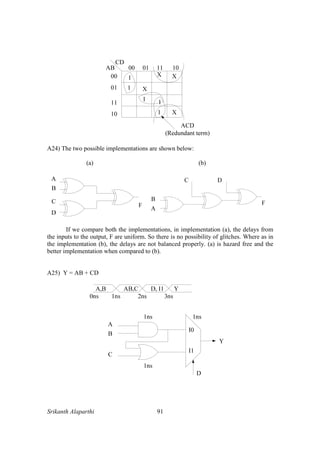 Srikanth Alaparthi 91
A24) The two possible implementations are shown below:
(a) (b)
If we compare both the implementations, in implementation (a), the delays from
the inputs to the output, F are uniform. So there is no possibility of glitches. Where as in
the implementation (b), the delays are not balanced properly. (a) is hazard free and the
better implementation when compared to (b).
A25) Y = AB + CD
 