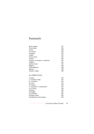 Sommario

Buono Natale!                                    217
Povera Rosa!                                     218
Arietta                                          220
Ll’ ortenzie                                     222
Furtunata                                        223
Capillo ’                                        225
Nonna nonna                                      227
Assunta                                          229
Ncopp’ a nu muntone ’e munnezza                  231
Angèleca                                         233
Sunetto amaro                                    235
Brìggeta                                         236
Vocca addurosa                                   238
Mbriaco                                          239
Nuttata ’e natale                                240


IX. VIERZE NUOVE
’A strata                                        253
I. ’E rrobbe vecchie                             253
II. ’A lezzione                                  254
III. Irma                                        255
IV. Stasera...                                   256
V. ’O pranzo a ’o nnammurato                     257
VI. Ll’acciso                                    258
Cimarosa                                         259
Nu sbaglio                                       261
Na tavernella…                                   262
Principio d’anno                                 263
Si dummeneca e bon tiempo…                       264



                         Letteratura italiana Einaudi   vii
 
