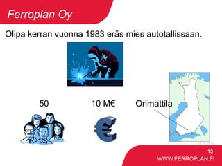 WWW.FERROPLAN.FI
Ferroplan Oy
13
29.1.2015
Olipa kerran vuonna 1983 eräs mies autotallissaan.
50 10 M€ Orimattila
 