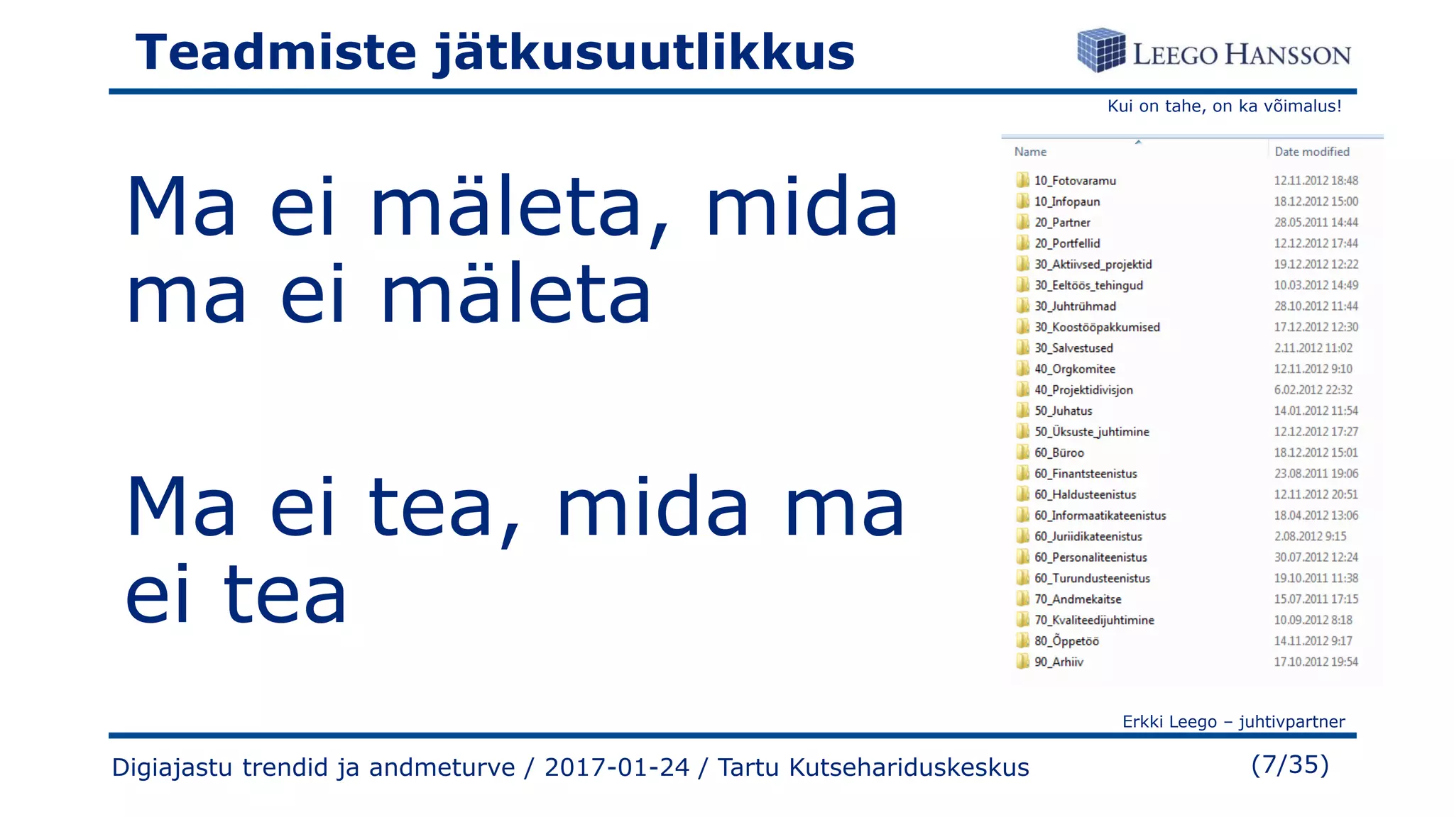 Kui on tahe, on ka võimalus!
Erkki Leego – juhtivpartner
(7/35)
Teadmiste jätkusuutlikkus
Ma ei mäleta, mida
ma ei mäleta
Ma ei tea, mida ma
ei tea
Digiajastu trendid ja andmeturve / 2017-01-24 / Tartu Kutsehariduskeskus
 