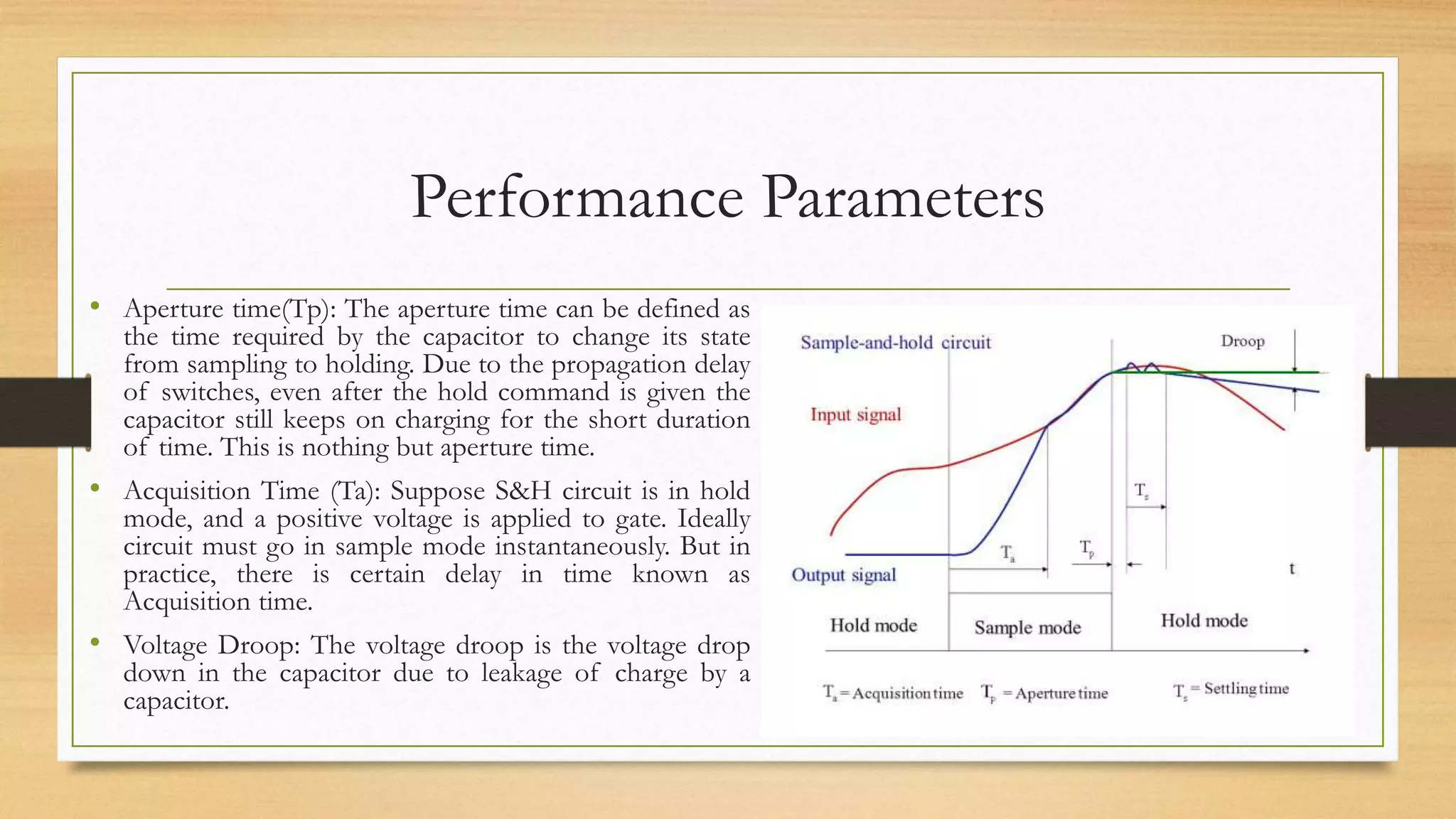 Performance Parameters
• Aperture time(Tp): The aperture time can be defined as
the time required by the capacitor to change its state
from sampling to holding. Due to the propagation delay
of switches, even after the hold command is given the
capacitor still keeps on charging for the short duration
of time. This is nothing but aperture time.
• Acquisition Time (Ta): Suppose S&H circuit is in hold
mode, and a positive voltage is applied to gate. Ideally
circuit must go in sample mode instantaneously. But in
practice, there is certain delay in time known as
Acquisition time.
• Voltage Droop: The voltage droop is the voltage drop
down in the capacitor due to leakage of charge by a
capacitor.
 