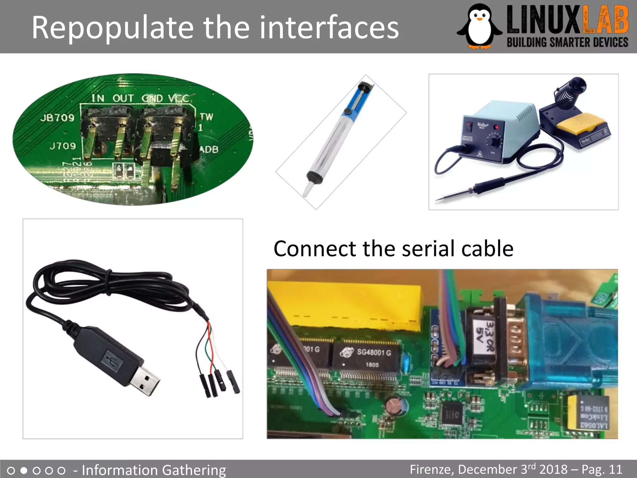 ○ ● ○ ○ ○ - Information Gathering
Repopulate the interfaces
Firenze, December 3rd 2018 – Pag. 11
Connect the serial cable
 