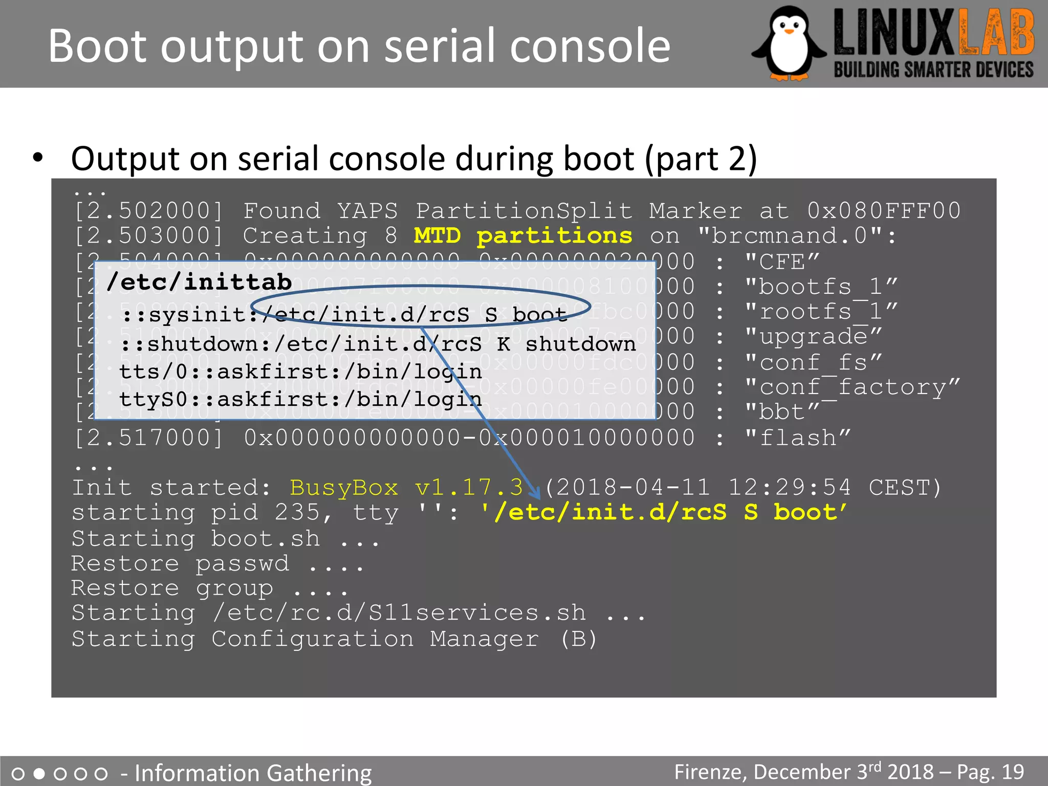 ○ ● ○ ○ ○ - Information Gathering
Boot output on serial console
Firenze, December 3rd 2018 – Pag. 19
• Output on serial console during boot (part 2)
...
[2.502000] Found YAPS PartitionSplit Marker at 0x080FFF00
[2.503000] Creating 8 MTD partitions on "brcmnand.0":
[2.504000] 0x000000000000-0x000000020000 : "CFE”
[2.506000] 0x000007f00000-0x000008100000 : "bootfs_1”
[2.508000] 0x000008100000-0x00000fbc0000 : "rootfs_1”
[2.510000] 0x000000020000-0x000007ce0000 : "upgrade”
[2.512000] 0x00000fbc0000-0x00000fdc0000 : "conf_fs”
[2.513000] 0x00000fdc0000-0x00000fe00000 : "conf_factory”
[2.515000] 0x00000fe00000-0x000010000000 : "bbt”
[2.517000] 0x000000000000-0x000010000000 : "flash”
...
Init started: BusyBox v1.17.3 (2018-04-11 12:29:54 CEST)
starting pid 235, tty '': '/etc/init.d/rcS S boot’
Starting boot.sh ...
Restore passwd ....
Restore group ....
Starting /etc/rc.d/S11services.sh ...
Starting Configuration Manager (B)
/etc/inittab
::sysinit:/etc/init.d/rcS S boot
::shutdown:/etc/init.d/rcS K shutdown
tts/0::askfirst:/bin/login
ttyS0::askfirst:/bin/login
 