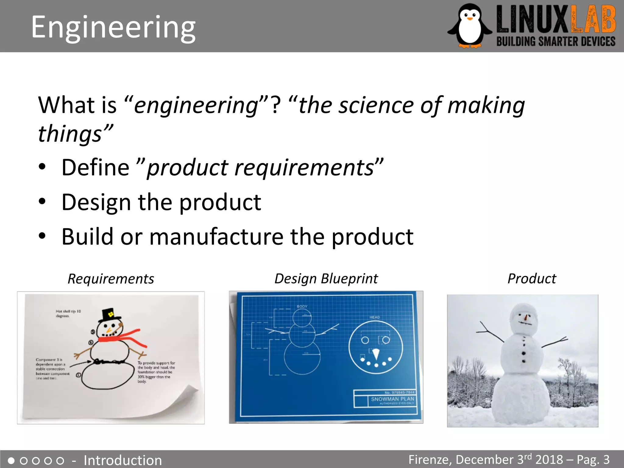 ● ○ ○ ○ ○ - Introduction
What is “engineering”? “the science of making
things”
• Define ”product requirements”
• Design the product
• Build or manufacture the product
Engineering
Firenze, December 3rd 2018 – Pag. 3
Requirements Design Blueprint Product
 