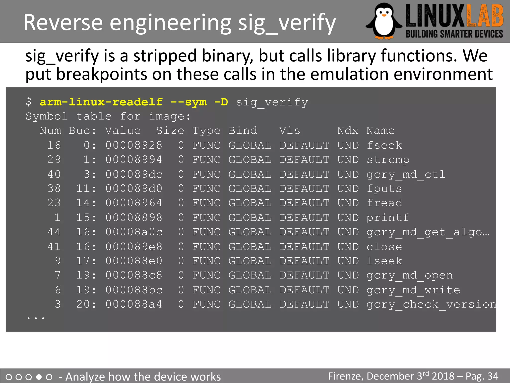 ○ ○ ○ ● ○ - Analyze how the device works
Reverse engineering sig_verify
Firenze, December 3rd 2018 – Pag. 34
sig_verify is a stripped binary, but calls library functions. We
put breakpoints on these calls in the emulation environment
$ arm-linux-readelf --sym -D sig_verify
Symbol table for image:
Num Buc: Value Size Type Bind Vis Ndx Name
16 0: 00008928 0 FUNC GLOBAL DEFAULT UND fseek
29 1: 00008994 0 FUNC GLOBAL DEFAULT UND strcmp
40 3: 000089dc 0 FUNC GLOBAL DEFAULT UND gcry_md_ctl
38 11: 000089d0 0 FUNC GLOBAL DEFAULT UND fputs
23 14: 00008964 0 FUNC GLOBAL DEFAULT UND fread
1 15: 00008898 0 FUNC GLOBAL DEFAULT UND printf
44 16: 00008a0c 0 FUNC GLOBAL DEFAULT UND gcry_md_get_algo…
41 16: 000089e8 0 FUNC GLOBAL DEFAULT UND close
9 17: 000088e0 0 FUNC GLOBAL DEFAULT UND lseek
7 19: 000088c8 0 FUNC GLOBAL DEFAULT UND gcry_md_open
6 19: 000088bc 0 FUNC GLOBAL DEFAULT UND gcry_md_write
3 20: 000088a4 0 FUNC GLOBAL DEFAULT UND gcry_check_version
...
 