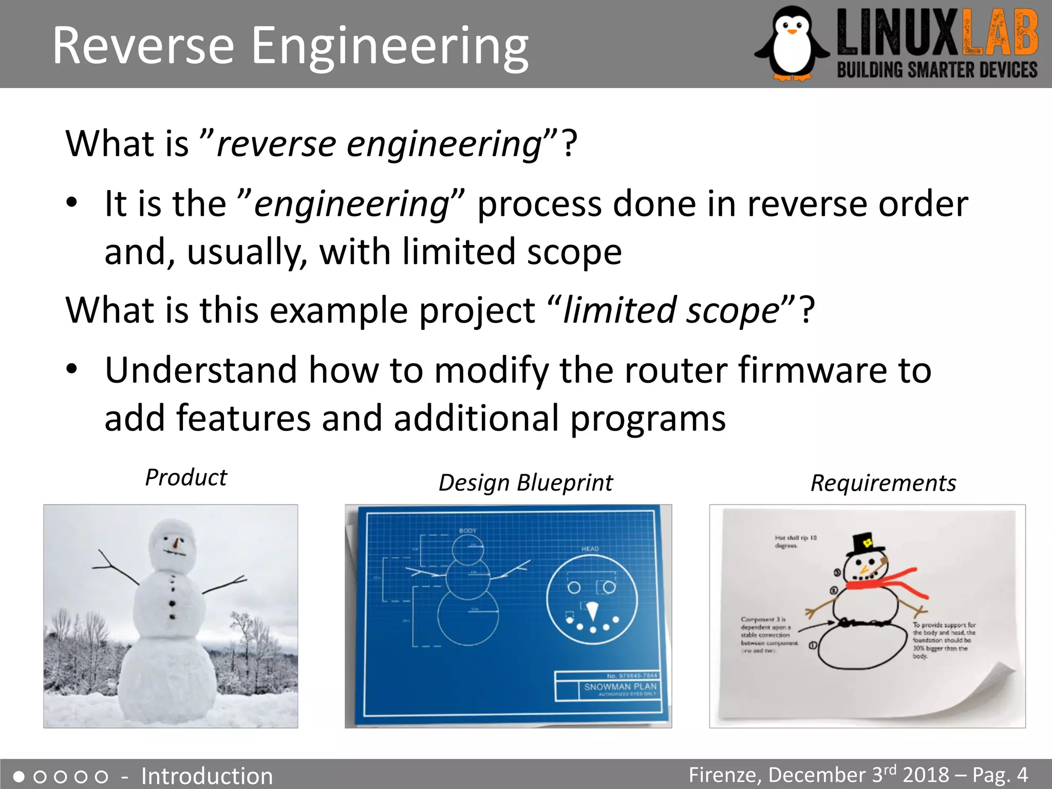 What is ”reverse engineering”?
• It is the ”engineering” process done in reverse order
and, usually, with limited scope
What is this example project “limited scope”?
• Understand how to modify the router firmware to
add features and additional programs
● ○ ○ ○ ○ - Introduction
Reverse Engineering
Firenze, December 3rd 2018 – Pag. 4
RequirementsDesign BlueprintProduct
 
