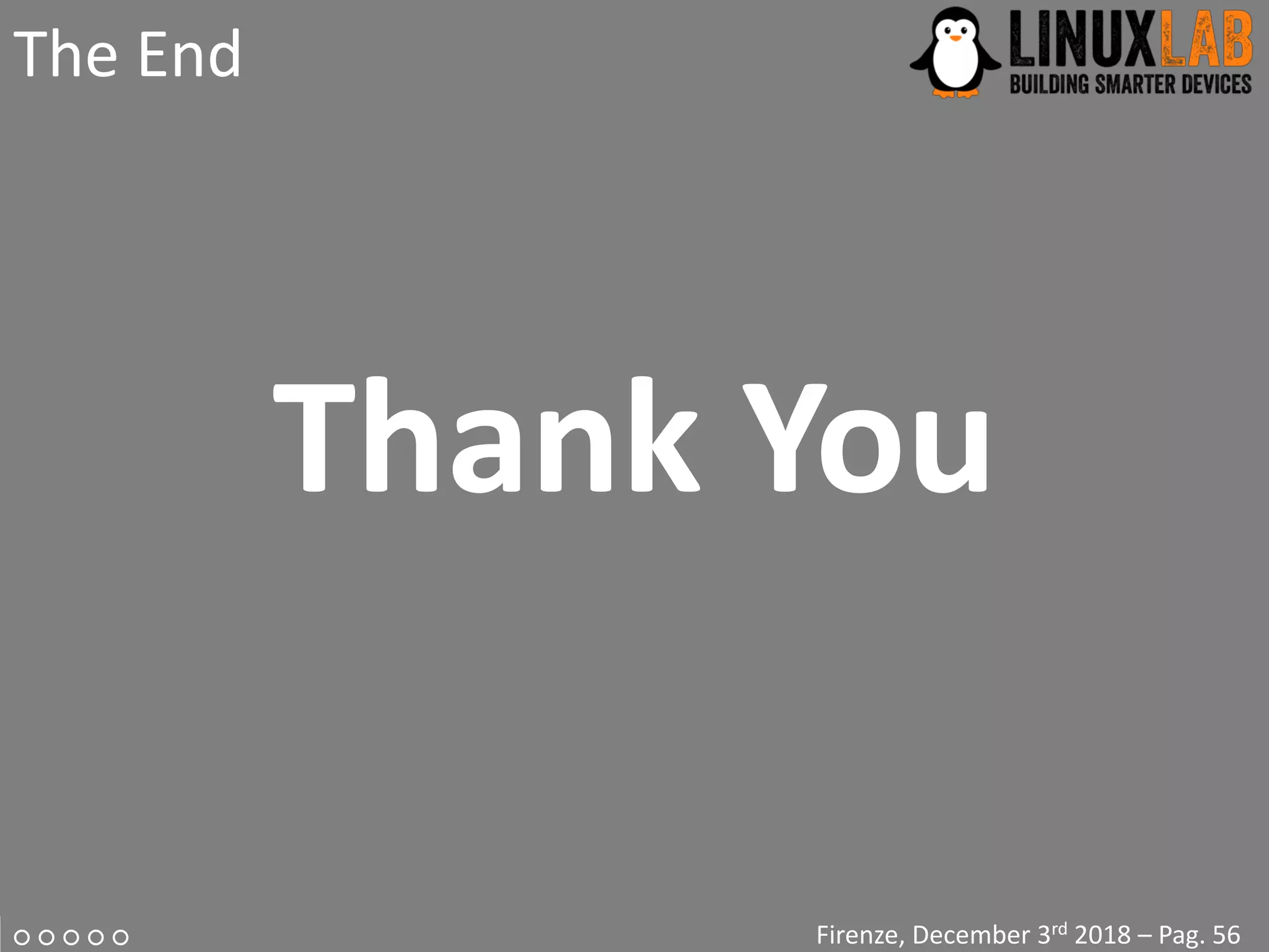 ○ ○ ○ ○ ○
The End
Firenze, December 3rd 2018 – Pag. 56
Thank You
 