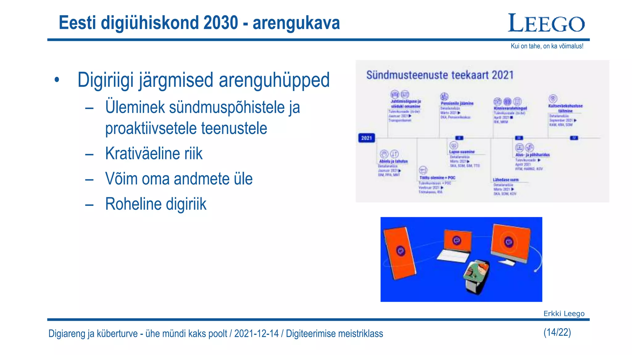 Kui on tahe, on ka võimalus!
Erkki Leego
(14/22)
Eesti digiühiskond 2030 - arengukava
• Digiriigi järgmised arenguhüpped
– Üleminek sündmuspõhistele ja
proaktiivsetele teenustele
– Krativäeline riik
– Võim oma andmete üle
– Roheline digiriik
Digiareng ja küberturve - ühe mündi kaks poolt / 2021-12-14 / Digiteerimise meistriklass
 