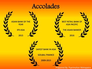Accolades
ASIAN BANK OF THE
YEAR
IFR ASIA
2015
BEST RETAIL BANK OF
ASIA PACIFIC
THE ASIAN BANKER
2016
SAFEST BANK IN ASIA
GOLBAL FINANCE
2009-2015
Prepaired By: Pyarimohan Mohapatra
 