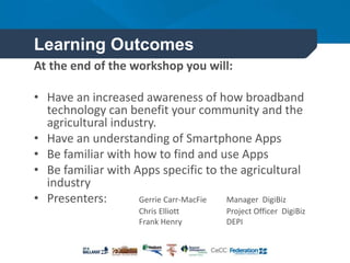 Learning Outcomes
At the end of the workshop you will:
• Have an increased awareness of how broadband
technology can benefit your community and the
agricultural industry.
• Have an understanding of Smartphone Apps
• Be familiar with how to find and use Apps
• Be familiar with Apps specific to the agricultural
industry
• Presenters: Gerrie Carr-MacFie Manager DigiBiz
Chris Elliott Project Officer DigiBiz
Frank Henry DEPI
 