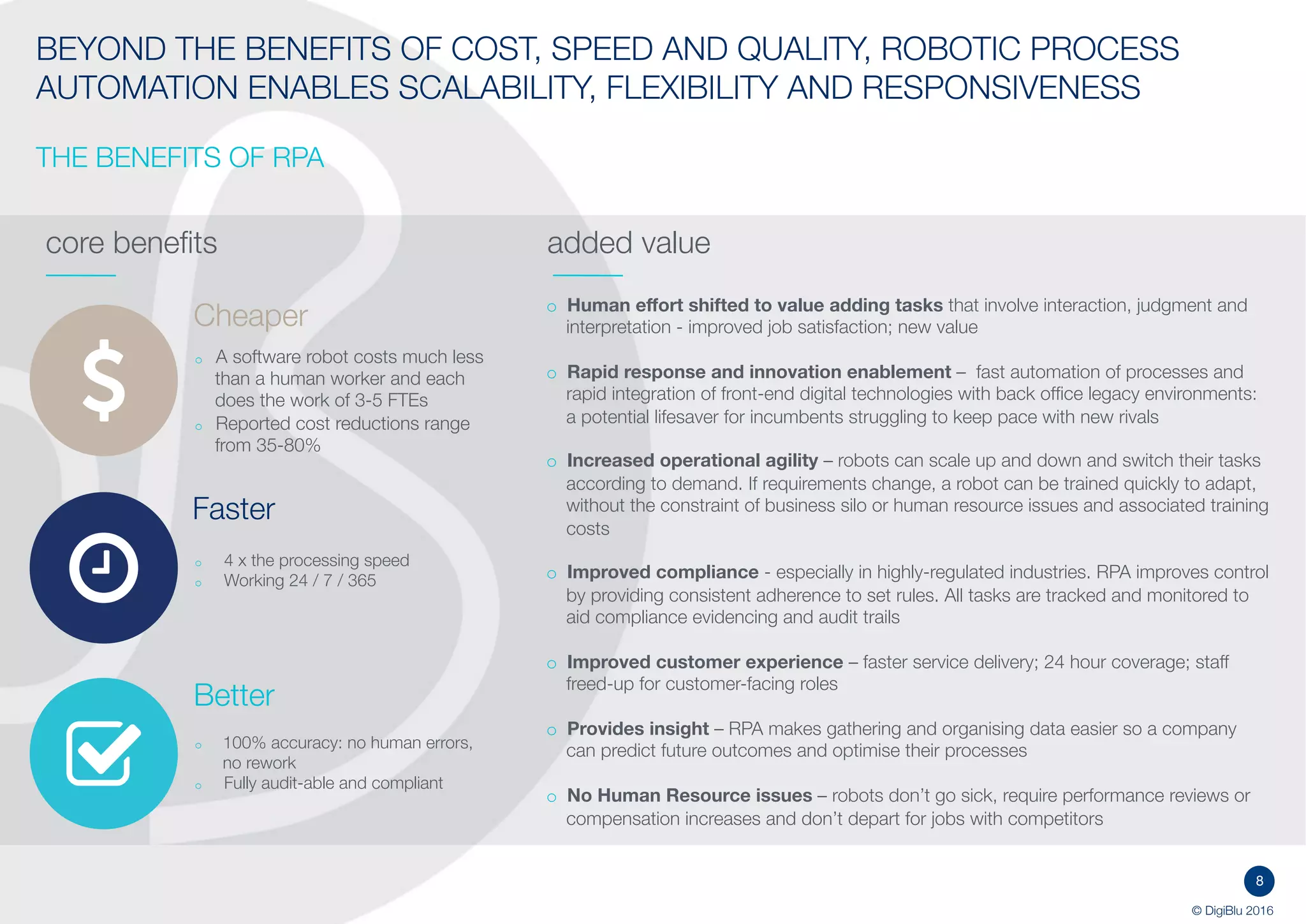 8
© DigiBlu 2016
BEYOND THE BENEFITS OF COST, SPEED AND QUALITY, ROBOTIC PROCESS
AUTOMATION ENABLES SCALABILITY, FLEXIBILITY AND RESPONSIVENESS
THE BENEFITS OF RPA
core benefits added value
o Human effort shifted to value adding tasks that involve interaction, judgment and
interpretation - improved job satisfaction; new value
o Rapid response and innovation enablement – fast automation of processes and
rapid integration of front-end digital technologies with back office legacy
environments: a potential lifesaver for incumbents struggling to keep pace with new
rivals
o Increased operational agility – robots can scale up and down and switch their tasks
according to demand. If requirements change, a robot can be trained quickly to
adapt, without the constraint of business silo or human resource issues and
associated training costs
o Improved compliance - especially in highly-regulated industries. RPA improves
control by providing consistent adherence to set rules. All tasks are tracked and
monitored to aid compliance evidencing and audit trails
o Improved customer experience – faster service delivery; 24 hour coverage; staff
freed-up for customer-facing roles
o Provides insight – RPA makes gathering and organising data easier so a company
can predict future outcomes and optimise their processes
o No Human Resource issues – robots don’t go sick, require performance reviews or
compensation increases and don’t depart for jobs with competitors
Cheaper
Better
Faster
o 4 x the processing speed
o Working 24 / 7 / 365
o 100% accuracy: no human errors,
no rework
o Fully audit-able and compliant
o A software robot costs much less
than a human worker and each
does the work of 3-5 FTEs
o Reported cost reductions range
from 35-80%
 