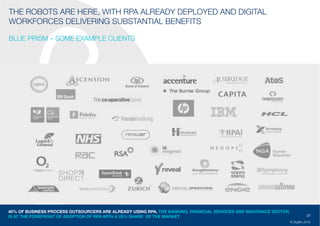 27
© DigiBlu 2016
THE ROBOTS ARE HERE, WITH RPA ALREADY DEPLOYED AND DIGITAL
WORKFORCES DELIVERING SUBSTANTIAL BENEFITS
BLUE PRISM – SOME EXAMPLE CLIENTS
40% OF BUSINESS PROCESS OUTSOURCERS ARE ALREADY USING RPA. THE BANKING, FINANCIAL SERVICES AND INSURANCE SECTOR
IS AT THE FOREFRONT OF ADOPTION OF RPA WITH A 25% SHARE OF THE MARKET
 