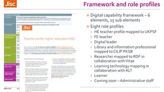 Framework and role profiles
» Digital capability framework – 6
elements, 15 sub elements
» Eight role profiles
› HE teacher profile mapped to UKPSF
› FE teacher
› Digital leader
› Library and information professional
mapped to CILIP PKSB
› Researcher mapped to RDF in
collaboration withVitae
› Learning technology mapping in
collaboration with ALT
› Learner
› Coming soon – Administrative staff
08/11/17 #digitalcapability http://ji.sc/building-digicap
 