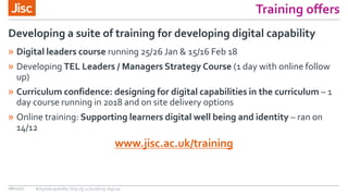 Training offers
» Digital leaders course running 25/26 Jan & 15/16 Feb 18
» Developing TEL Leaders / Managers Strategy Course (1 day with online follow
up)
» Curriculum confidence: designing for digital capabilities in the curriculum – 1
day course running in 2018 and on site delivery options
» Online training: Supporting learners digital well being and identity – ran on
14/12
www.jisc.ac.uk/training
Developing a suite of training for developing digital capability
08/11/17 #digitalcapability http://ji.sc/building-digicap
 