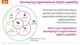 Developing organisational digital capability
10/01/17 #digitalcapability http://ji.sc/building-digicap
Beetham/Jisc 2017 model
CC BY-NC-ND
‘The extent to which the culture,
policies and infrastructure of an
organisation enable and support
digital practices.’
Helen Beetham (2017)
How is your organisation
developing its organisational
digital capability?
 