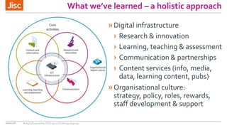 What we’ve learned – a holistic approach
10/01/18
»Digital infrastructure
› Research & innovation
› Learning, teaching & assessment
› Communication & partnerships
› Content services (info, media,
data, learning content, pubs)
»Organisational culture:
strategy, policy, roles, rewards,
staff development & support
#digitalcapability http://ji.sc/building-digicap
 