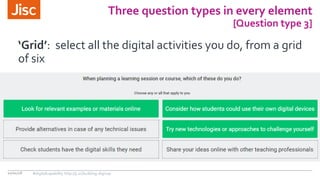 Three question types in every element
[Question type 3]
10/01/18
‘Grid’: select all the digital activities you do, from a grid
of six
#digitalcapability http://ji.sc/building-digicap
 