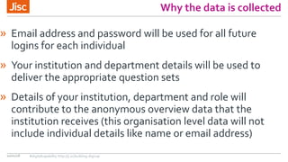 Why the data is collected
10/01/18
» Email address and password will be used for all future
logins for each individual
» Your institution and department details will be used to
deliver the appropriate question sets
» Details of your institution, department and role will
contribute to the anonymous overview data that the
institution receives (this organisation level data will not
include individual details like name or email address)
#digitalcapability http://ji.sc/building-digicap
 