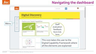 Navigating the dashboard
10/01/18
Staff
evaluation
feedback
form link
here
This icon takes the user to the
Digital Capability Framework where
all the elements are explained
Menu
#digitalcapability http://ji.sc/building-digicap
 