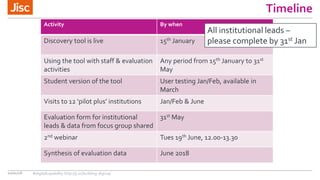 Timeline
10/01/18
Activity By when
Discovery tool is live 15th January
Using the tool with staff & evaluation
activities
Any period from 15th January to 31st
May
Student version of the tool User testing Jan/Feb, available in
March
Visits to 12 ‘pilot plus’ institutions Jan/Feb & June
Evaluation form for institutional
leads & data from focus group shared
31st May
2nd webinar Tues 19th June, 12.00-13.30
Synthesis of evaluation data June 2018
All institutional leads –
please complete by 31st Jan
#digitalcapability http://ji.sc/building-digicap
 