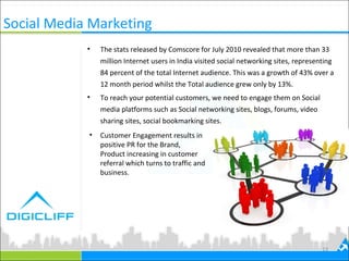 Social Media Marketing
13
• The stats released by Comscore for July 2010 revealed that more than 33
million Internet users in India visited social networking sites, representing
84 percent of the total Internet audience. This was a growth of 43% over a
12 month period whilst the Total audience grew only by 13%.
• To reach your potential customers, we need to engage them on Social
media platforms such as Social networking sites, blogs, forums, video
sharing sites, social bookmarking sites.
• Customer Engagement results in
positive PR for the Brand,
Product increasing in customer
referral which turns to traffic and
business.
 