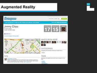 Location Based Service - BeispieleTwitter: Tweets lassen sich lokalisierenFacebook GEO Api (verysoon!!): Userprofile können ähnlich zu Foursquare lokale Informationen hinterlassen Google Buzz: gesamte Kommunikation mit lokalen Informationen (via Handy)