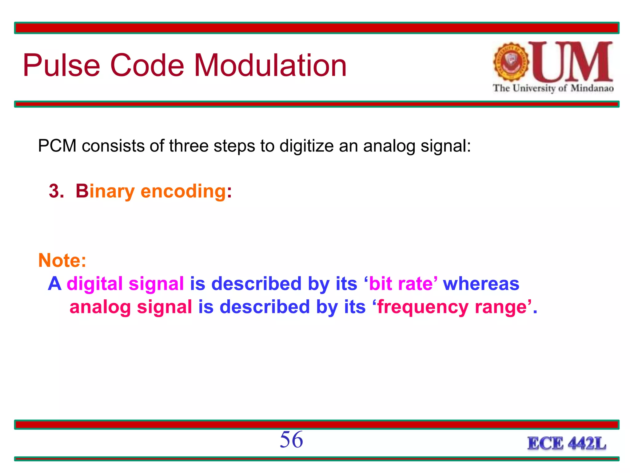 Pulse Code Modulation
PCM consists of three steps to digitize an analog signal:
3. Binary encoding:
Note:
A digital signal is described by its ‘bit rate’ whereas
analog signal is described by its ‘frequency range’.
56
 