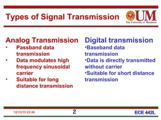 12/13/15 22:49 2
Types of Signal Transmission
Digital transmission
•Baseband data
transmission
•Data is directly transmitted
without carrier
•Suitable for short distance
transmission
Analog Transmission
• Passband data
transmission
• Data modulates high
frequency sinusoidal
carrier
• Suitable for long
distance transmission
 