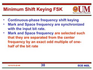 12/13/15 22:49 30
Minimum Shift Keying FSK
• Continuous-phase frequency shift keying
• Mark and Space frequency are synchronized
with the input bit rate.
• Mark and Space frequency are selected such
that they are separated from the center
frequency by an exact odd multiple of one-
half of the bit rate
 