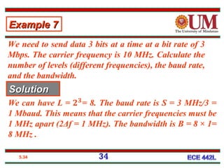 5.34
We need to send data 3 bits at a time at a bit rate of 3
Mbps. The carrier frequency is 10 MHz. Calculate the
number of levels (different frequencies), the baud rate,
and the bandwidth.
Example 7Example 7
SolutionSolution
34
 