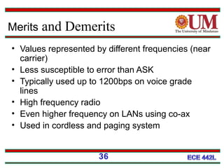 Merits and Demerits
• Values represented by different frequencies (near
carrier)
• Less susceptible to error than ASK
• Typically used up to 1200bps on voice grade
lines
• High frequency radio
• Even higher frequency on LANs using co-ax
• Used in cordless and paging system
36
 