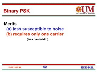 12/13/15 22:49 42
Merits
(a) less susceptible to noise
(b) requires only one carrier
(less bandwidth)
Binary PSK
 