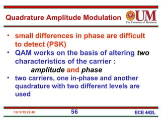 12/13/15 22:49 56
• small differences in phase are difficult
to detect (PSK)
• QAM works on the basis of altering two
characteristics of the carrier :
amplitude and phase
• two carriers, one in-phase and another
quadrature with two different levels are
used
Quadrature Amplitude Modulation
 