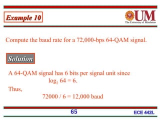 Compute the baud rate for a 72,000-bps 64-QAM signal.
SolutionSolution
A 64-QAM signal has 6 bits per signal unit since
log2 64 = 6.
Thus,
72000 / 6 = 12,000 baud
Example 10Example 10
65
 
