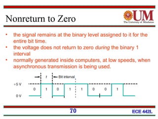 Nonreturn to Zero
70
• the signal remains at the binary level assigned to it for the
entire bit time.
• the voltage does not return to zero during the binary 1
interval
• normally generated inside computers, at low speeds, when
asynchronous transmission is being used.
 