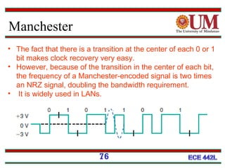 Manchester
76
• The fact that there is a transition at the center of each 0 or 1
bit makes clock recovery very easy.
• However, because of the transition in the center of each bit,
the frequency of a Manchester-encoded signal is two times
an NRZ signal, doubling the bandwidth requirement.
• It is widely used in LANs.
 