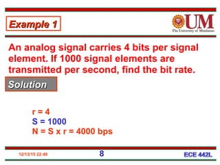12/13/15 22:49 8
An analog signal carries 4 bits per signal
element. If 1000 signal elements are
transmitted per second, find the bit rate.
r = 4
S = 1000
N = S x r = 4000 bps
Example 1Example 1
SolutionSolution
 