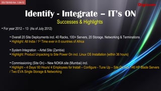 DG-T&VAS-Ver .1.04-12
                                                                                                        Digicom

                        Identify - Integrate – IT’s ON
                                           Successes & Highlights
• For year 2012 – 13 (As of July 2012)

       • Overall 20 Site Deployments incl. 40 Racks, 100+ Servers, 20 Storage, Networking & Terminations
       • Highlight: All India / 1st Time ever in 8 countries of Africa

       • System Integration - Airtel Site (Zambia)
       • Highlight: Product Unpacking to Site Power On incl. Linux OS Installation {within 36 hours}

       • Commissioning (Site On) – New NOKIA site (Mumbai) incl.
       • Highlight – 4 Days/ 60 Hours/ 4 Employees for Install – Configure - Tune Up – Site On incl. 146 HP Blade Servers
       / Two EVA Single Storage & Networking
 