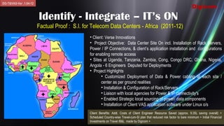 DG-T&VAS-Ver .1.04-12
                                                                                                                             Digicom

                        Identify - Integrate – IT’s ON
                        Factual Proof : S.I. for Telecom Data Centers - Africa (2011-12)
                                               • Client: Verse Innovations
                                               • Project Objective: Data Center Site On incl. Installation of Rack Servers,
                                               Power / IP Connections, & client’s application installation and configurations
                                               for enabling remote access
                                               • Sites at Uganda, Tanzania, Zambia, Cong, Congo DRC, Ghana, Nigeria,
                                               Angola - 6 Engineers Deputed for Deployments
                                               • Project Highlights
                                                      • Customized Deployment of Data & Power cabling at each site /
                                                      center as per ground realities
                                                      • Installation & Configuration of Rack/Servers
                                                      • Liaison with local agencies for Power & IP connectivity's
                                                      • Enabled Strategic local sourcing of power/ data components
                                                      • Installation of Client VAS application software under Linux o/s
                                               Client Benefits: Addl. Costs of Client Engineer Resource Saved (approx. 9.35L saving overall) +
                                               Scheduled Country-wise Travel-cum-SI plan that reduced risk factor to bare minimum + Initial Financial
                                               Investments on Travel /B&L made by Digicom +
 