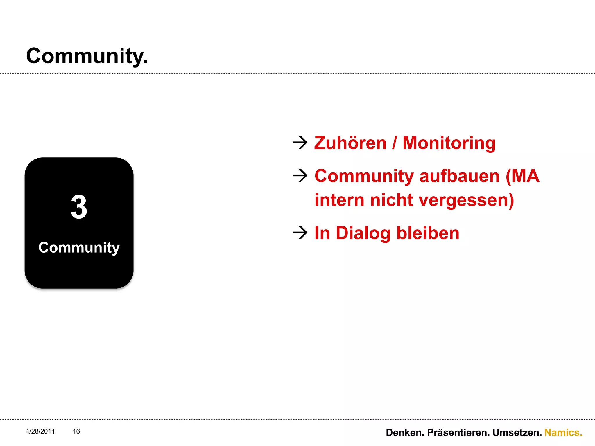 Community.Zuhören / MonitoringCommunity aufbauen (MA intern nicht vergessen)In Dialog bleiben4/28/11Denken. Präsentieren. Umsetzen.163Community